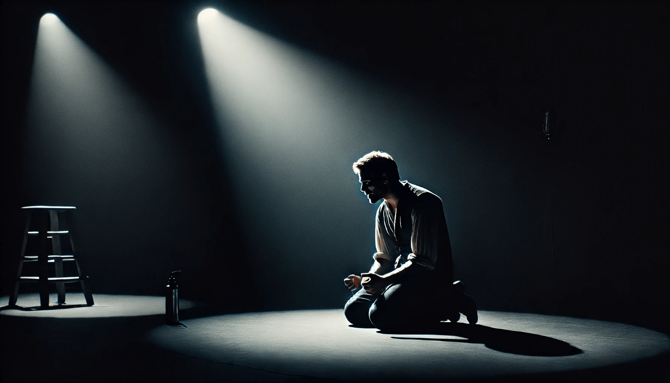 Actor delivering a powerful Shakespearean soliloquy under a spotlight, capturing deep emotional reflection and introspection on stage