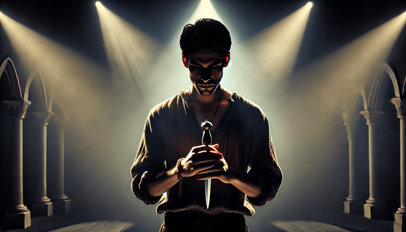 Macbeth contemplating a dagger in a dark, tense Shakespearean soliloquy scene, reflecting inner conflict and dramatic tension.