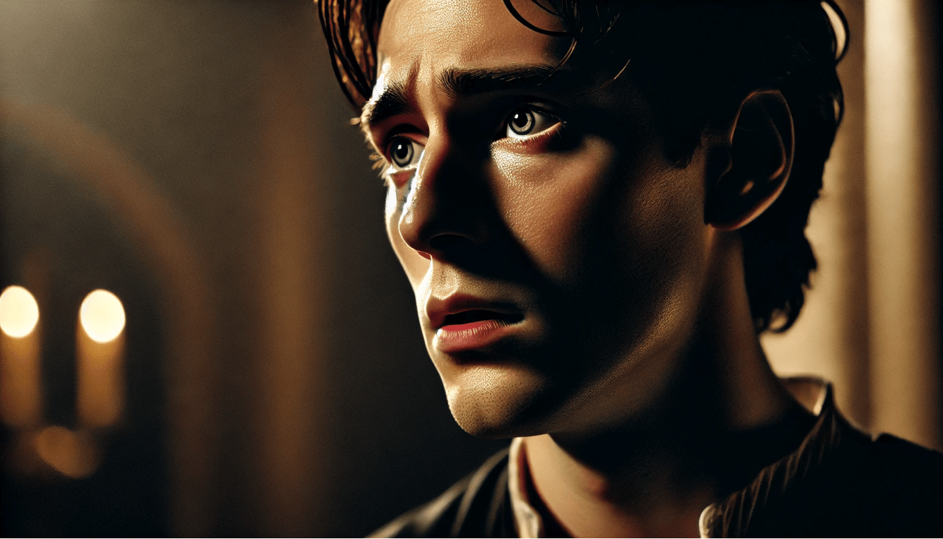 Close-up of Hamlet or Lady Macbeth expressing deep emotion during a soliloquy, reflecting vulnerability and internal struggle.