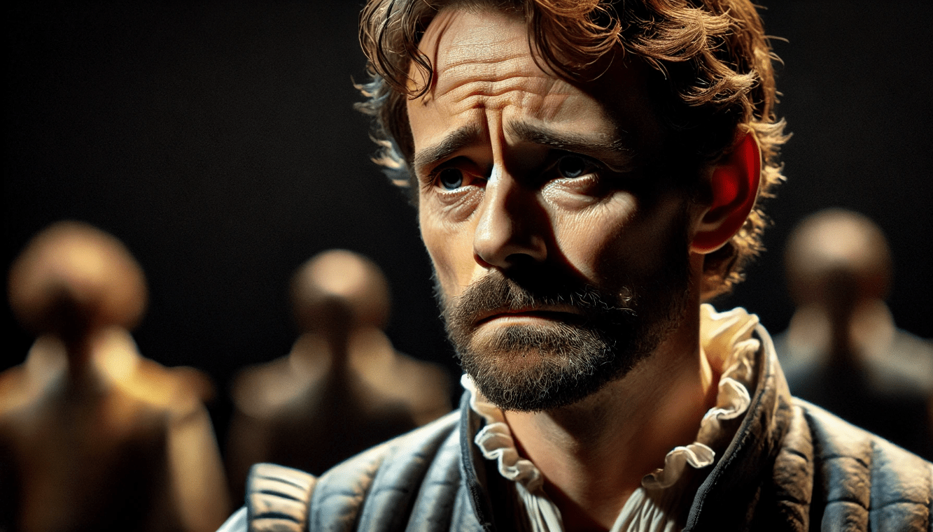 Actor portraying internal conflict during a Shakespearean soliloquy, with intense facial expressions