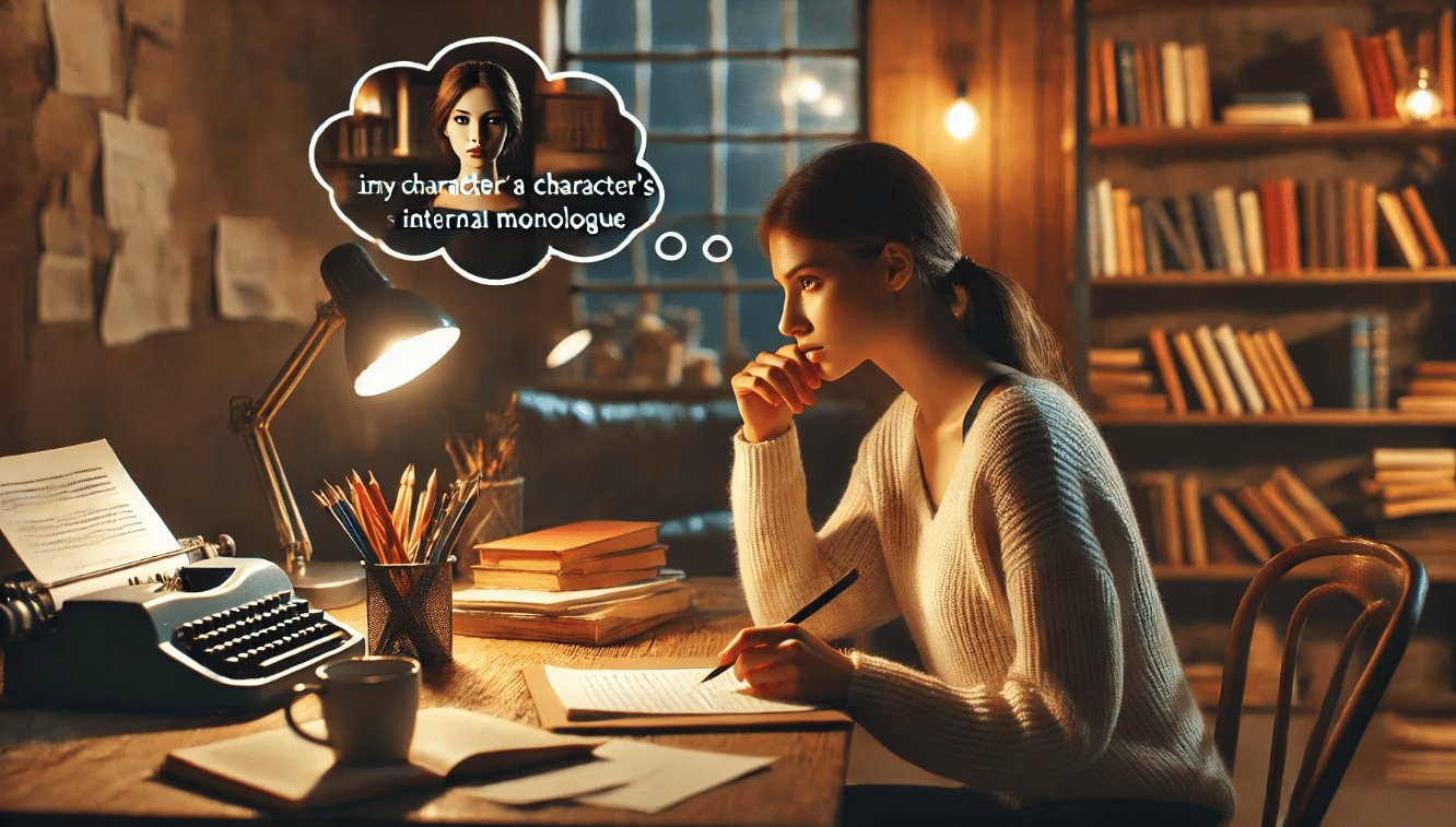 Writer crafting an internal monologue inspired by Shakespeare’s soliloquy techniques to deepen character development.