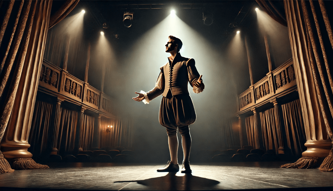 Shakespearean actor delivering a soliloquy on stage with a spotlight, symbolizing the depth of internal conflict in Shakespeare's plays
