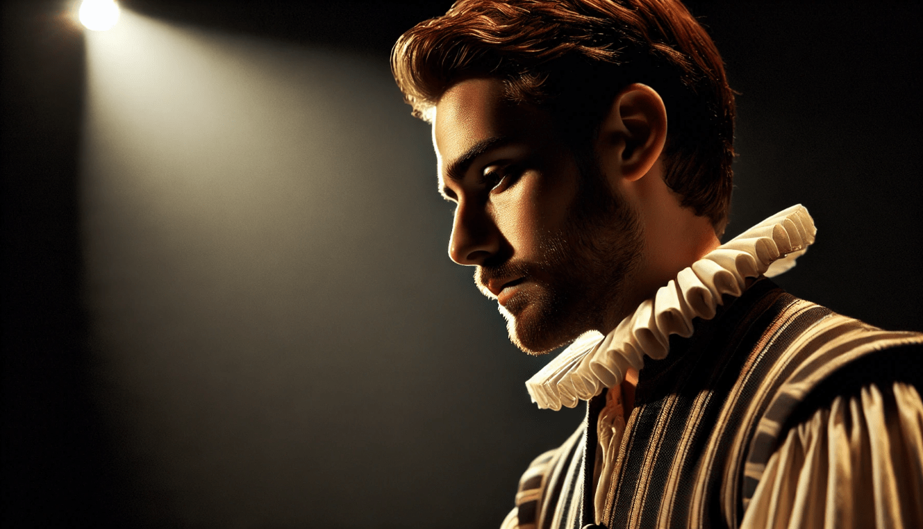 Shakespearean actor deep in thought, symbolizing character development and inner conflict in a soliloquy.