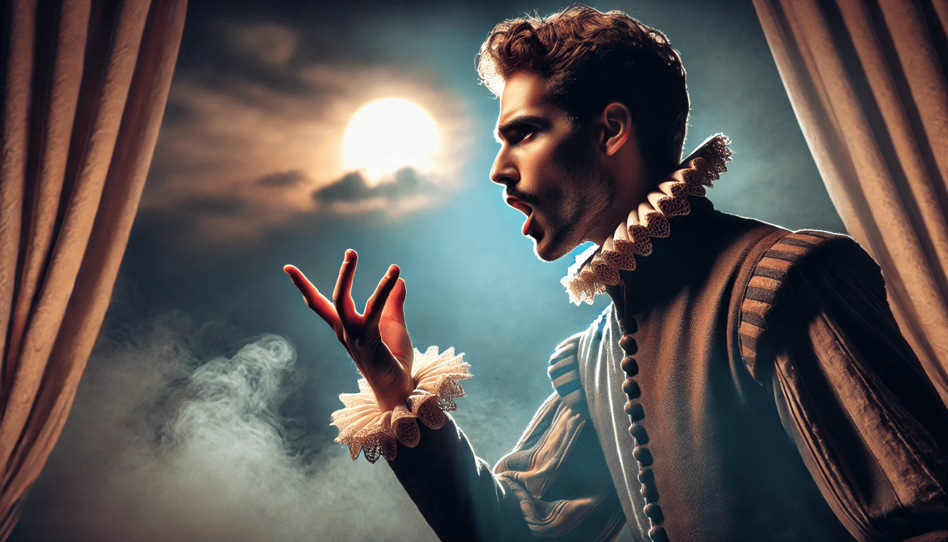 Shakespearean character delivering a pivotal soliloquy, symbolizing how these speeches drive plot development