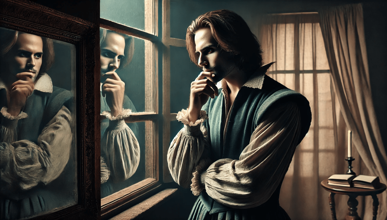 Shakespearean character contemplating morality, fate, and free will during a soliloquy.