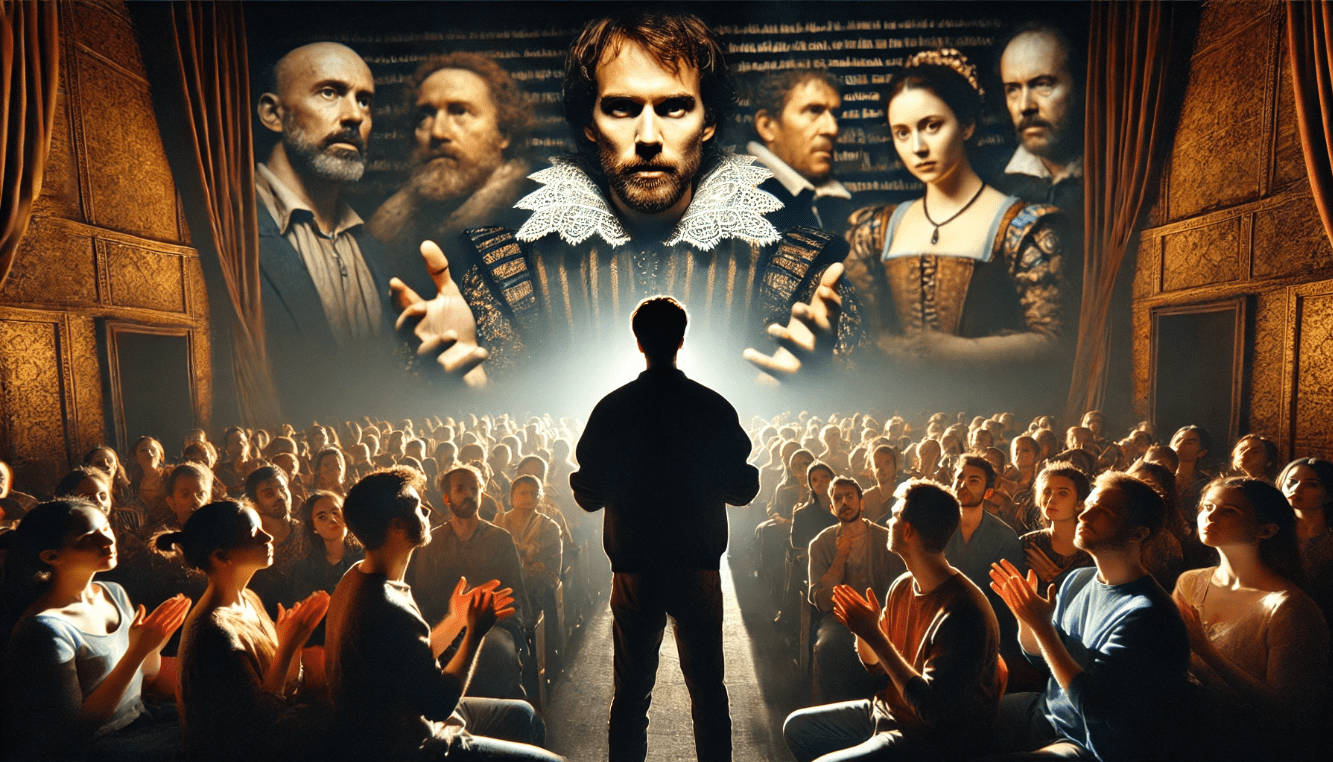 Shakespearean actor delivering a memorable soliloquy on stage, emotionally engaging the audience.