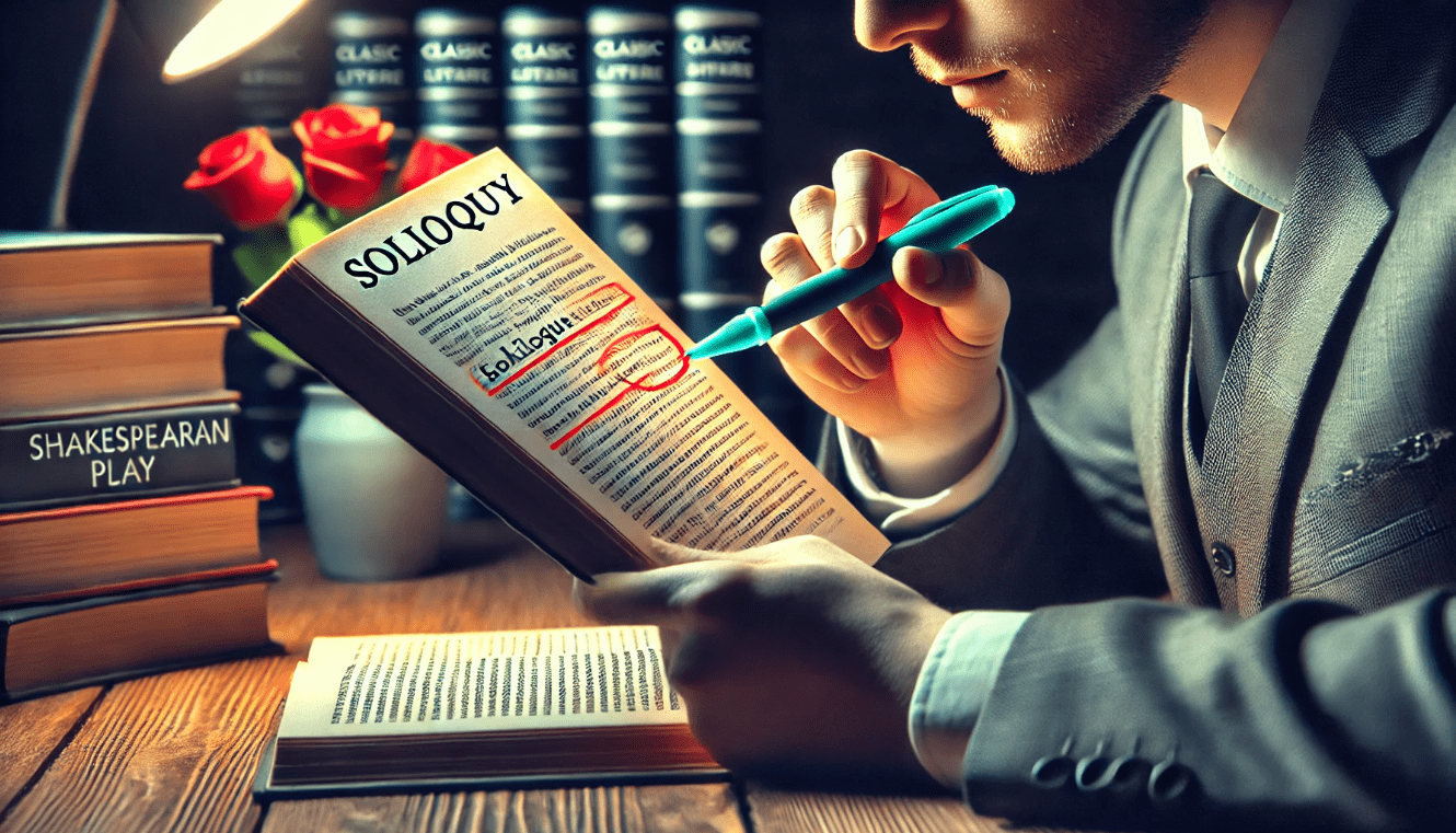 Person analyzing a Shakespearean soliloquy, highlighting text with a pen in a study setting, symbolizing the process of understanding Shakespeare’s work.