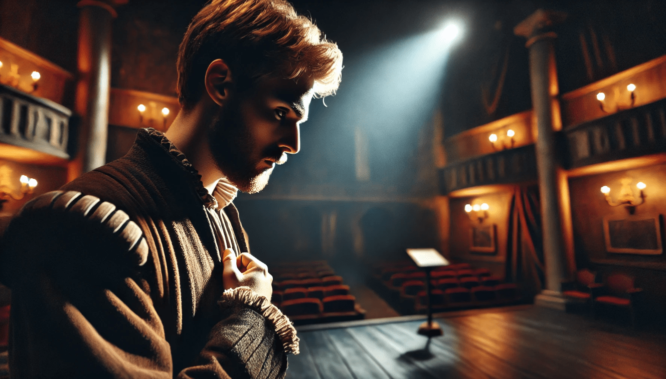 Shakespearean actor performing a soliloquy on stage, capturing inner conflict in dramatic lighting