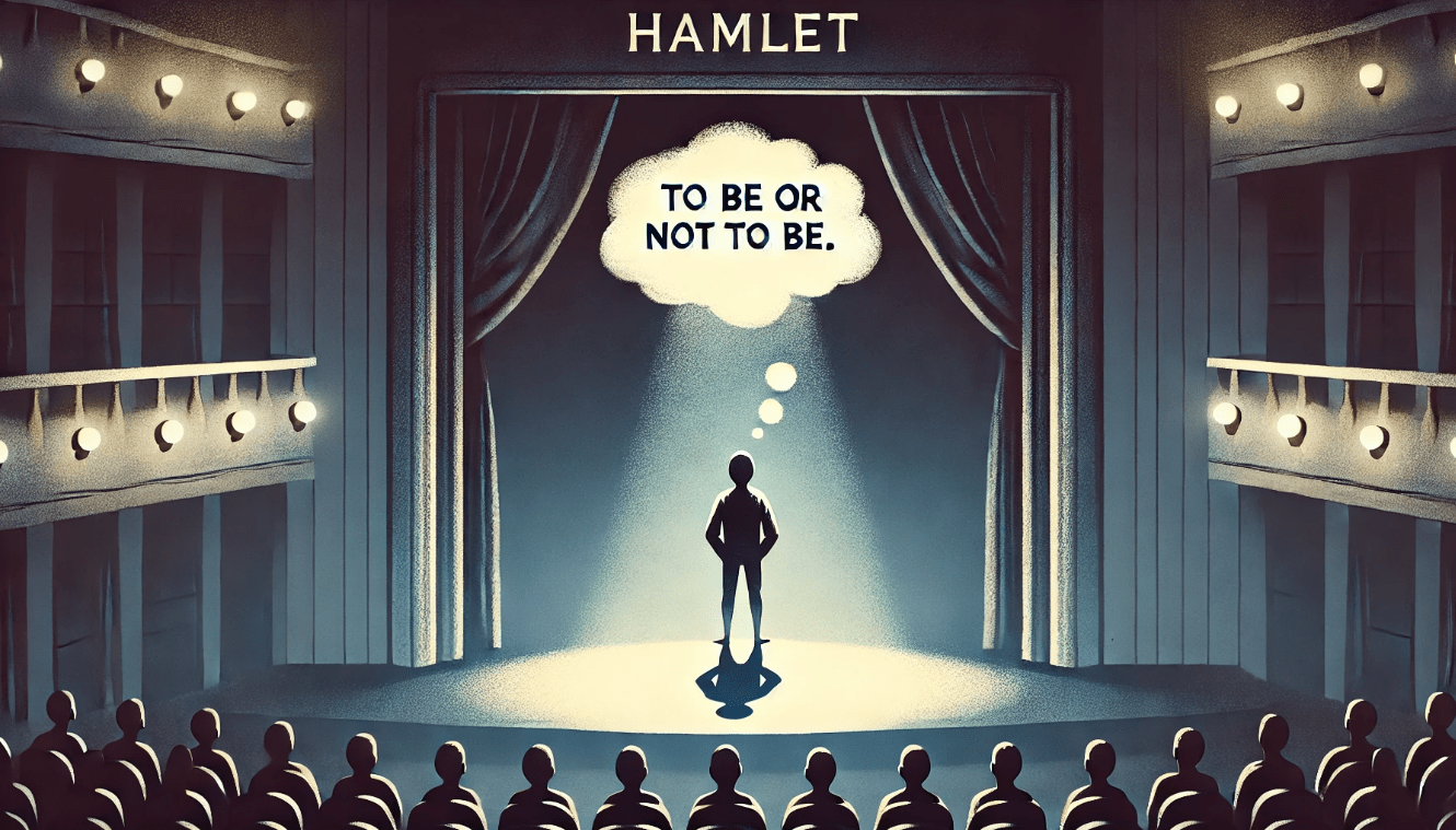 Hamlet standing on stage, reflecting on his 'To be or not to be' soliloquy, symbolizing internal conflict