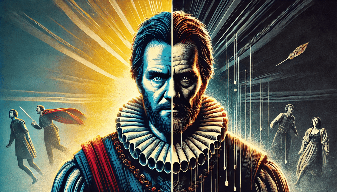 Split-screen visual of Macbeth’s character transformation, from ambition to guilt, highlighting soliloquy-driven development.