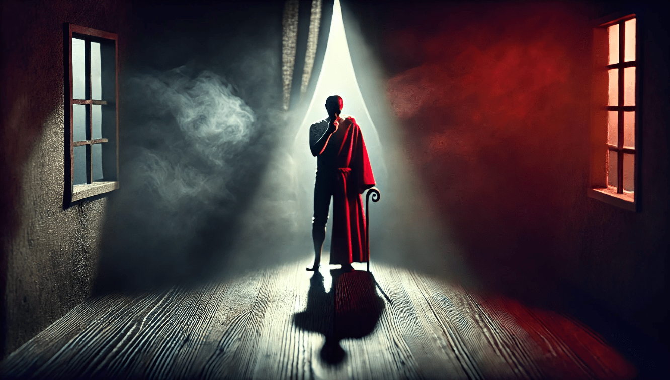 Macbeth in a soliloquy, contemplating the murder of King Duncan, representing a pivotal plot decision