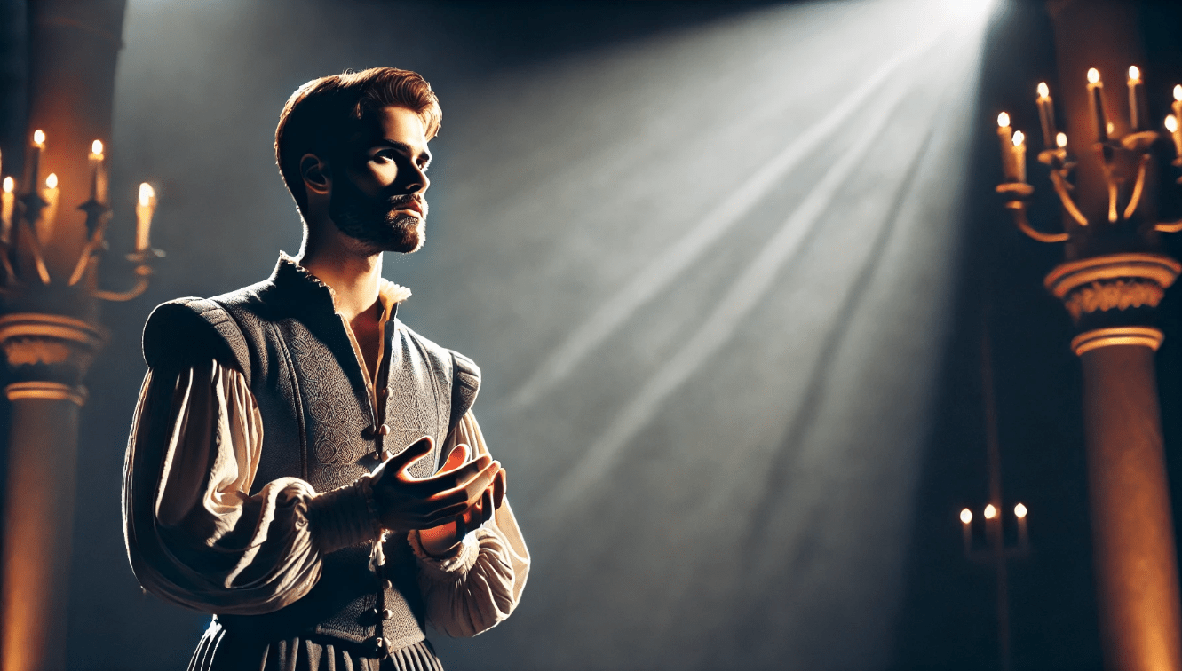 Actor performing Hamlet’s ‘To be or not to be’ soliloquy on stage, illuminated by a spotlight with a thoughtful, introspective expression, capturing the emotional depth of the moment