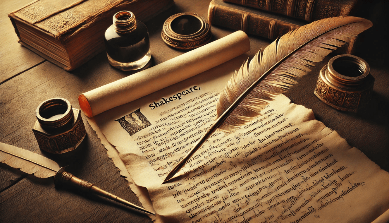 Vintage-style image of an ancient quill pen resting on open parchment with Shakespearean text, evoking the 16th century with warm lighting and classic period props.