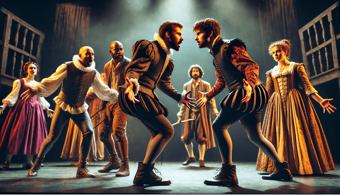 Actors performing a Shakespearean play on stage, breaking the fourth wall with expressive physicality and audience engagement.