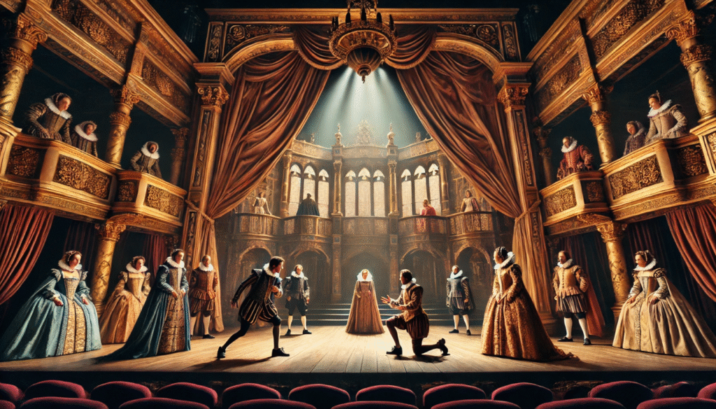 Actors performing a classic scene from a Shakespearean play on an elaborate Elizabethan stage, with period costumes, wooden stage elements, and golden accents, showcasing the richness of stagecraft and performance in the 16th century.