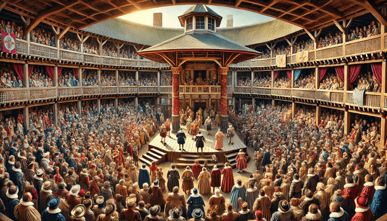 Shakespearean playhouse scene depicting the rise of public theatres with actors performing for diverse audiences