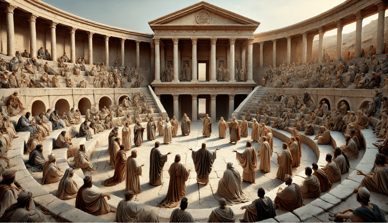 Ancient Greek or Roman theatre performance with actors wearing masks in an outdoor amphitheater