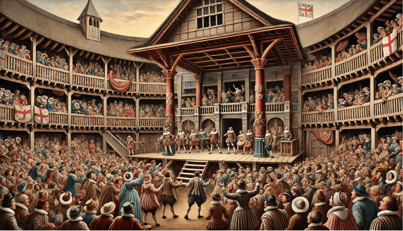 The Globe Theatre scene with actors engaging a diverse audience in an open-air performance.