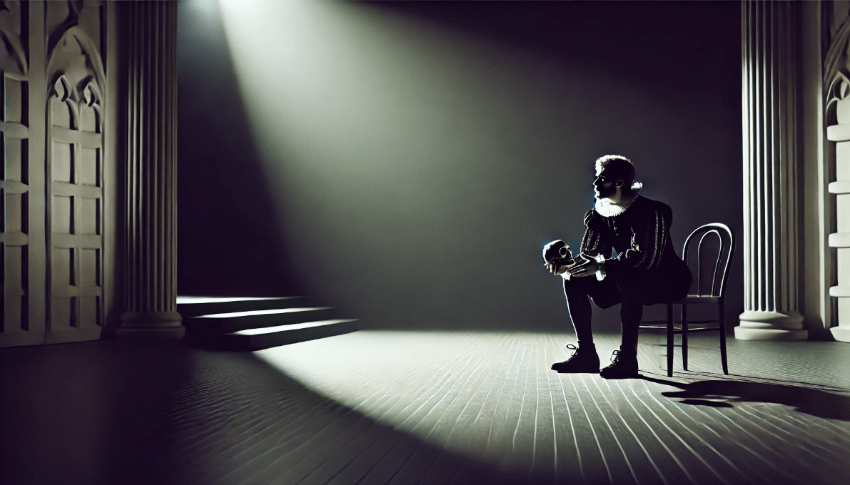 Hamlet performing the 'To be or not to be' soliloquy on stage, symbolizing Shakespeare's character depth and mastery of language