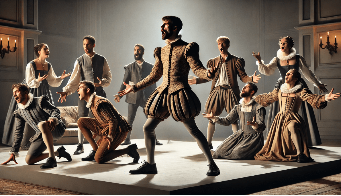 Shakespearean actors performing on a minimalist stage with expressive gestures, reflecting unique theatre elements