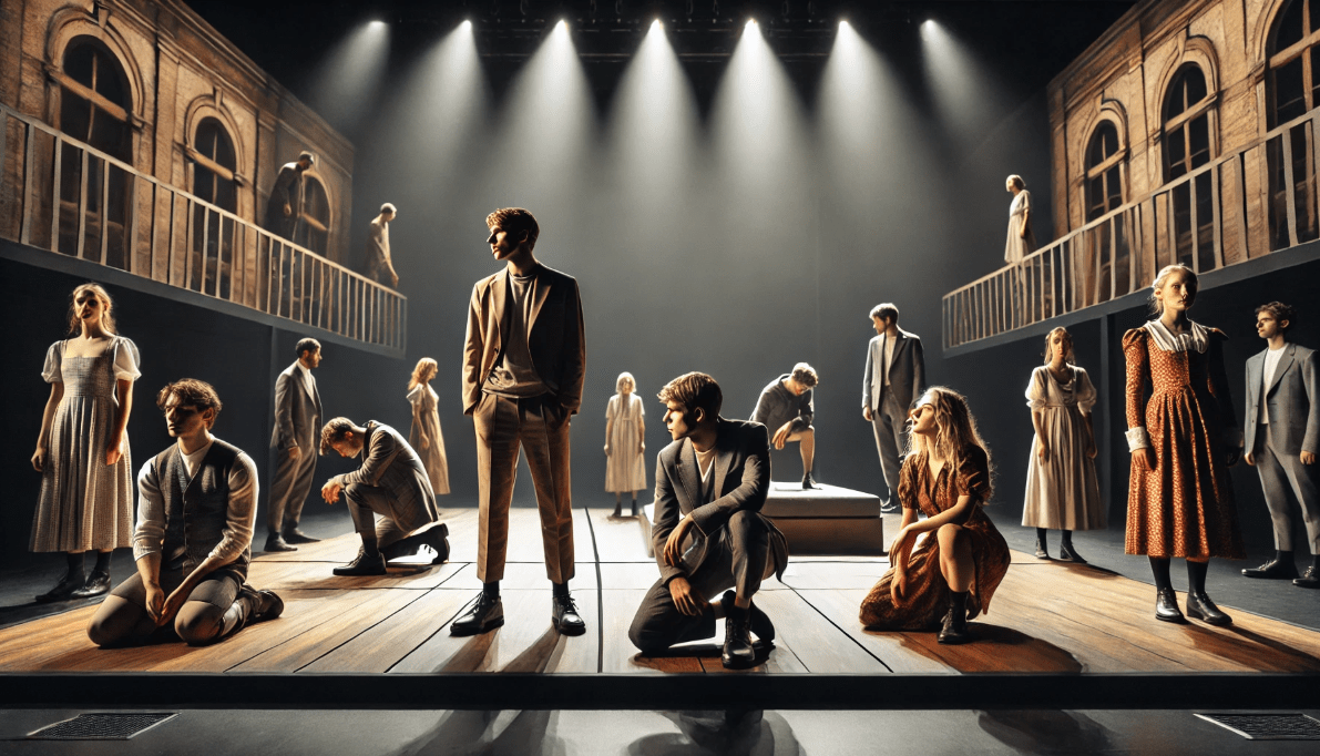 Modern theatre production inspired by Shakespeare, blending contemporary themes with classic Shakespearean elements