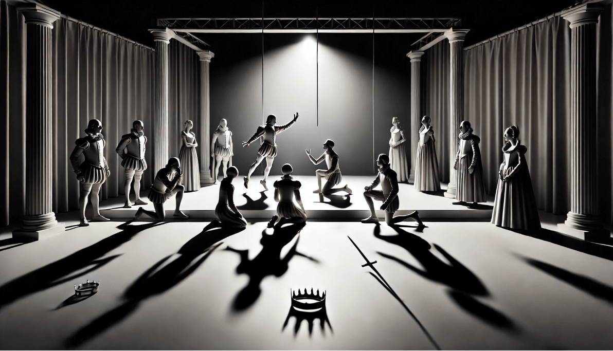 Shakespearean stagecraft techniques: actors performing on a minimalist stage with dynamic character interactions and symbolic props.
