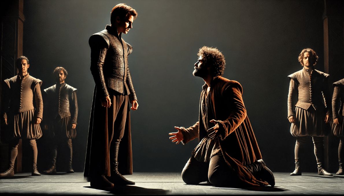 Shakespearean characters in a dynamic interaction: actors displaying power dynamics through body language and facial expressions.
