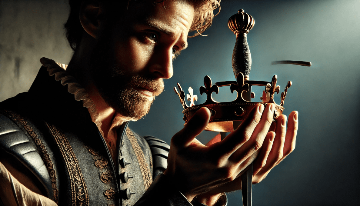 Shakespearean symbolism: actor holding a symbolic prop, like a dagger or crown, representing guilt or power.