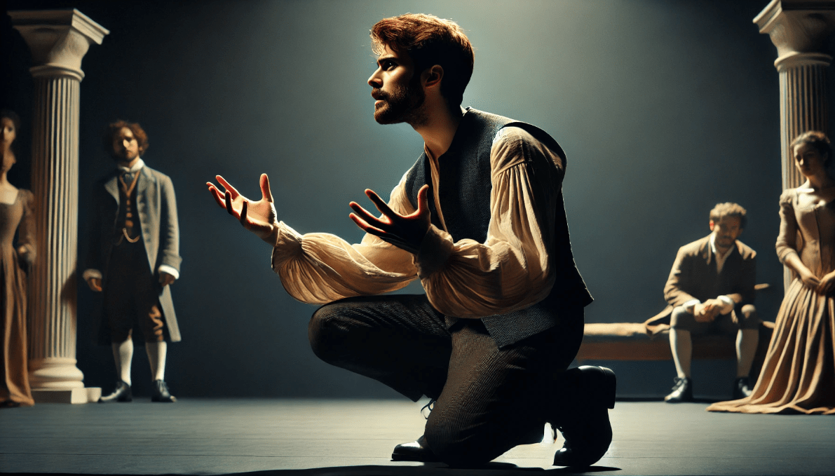 Modern actor delivering a Shakespearean soliloquy with expressive body language and contemporary styling.
