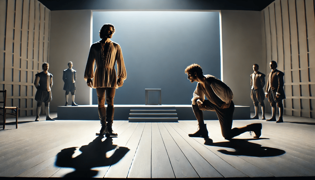 Shakespearean actors using blocking to reflect power dynamics: one actor stands confidently, while the other is in a submissive posture
