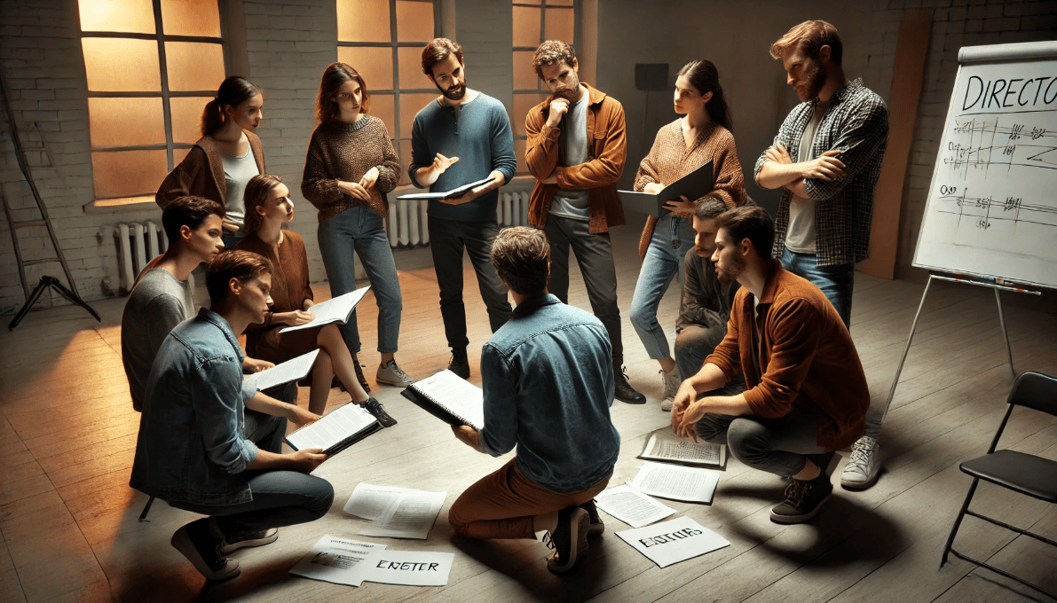 Director collaborating with actors during a rehearsal, emphasizing teamwork and communication in Shakespearean productions