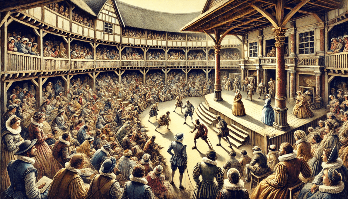 Rendering of Shakespeare's Globe Theatre showcasing the thrust stage design and audience engagement in Elizabethan-era performance