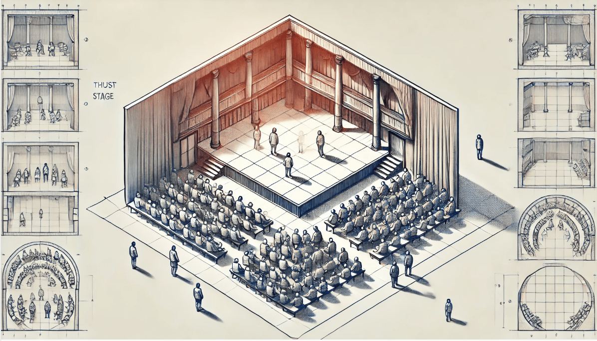 Diagram of a Shakespearean thrust stage with audience surrounding actors on three sides, showcasing audience interaction and engagement.