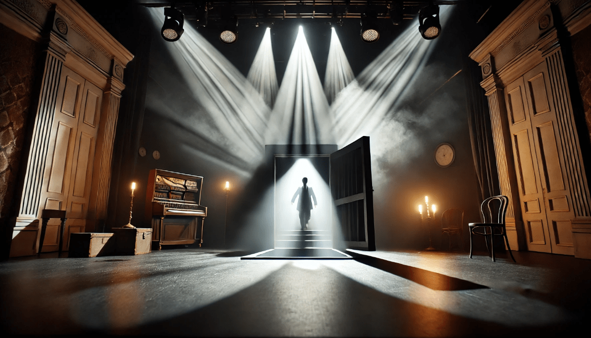 Theatrical scene with an actor using a trapdoor for dramatic effect, showcasing Shakespearean stagecraft in a minimalist setting