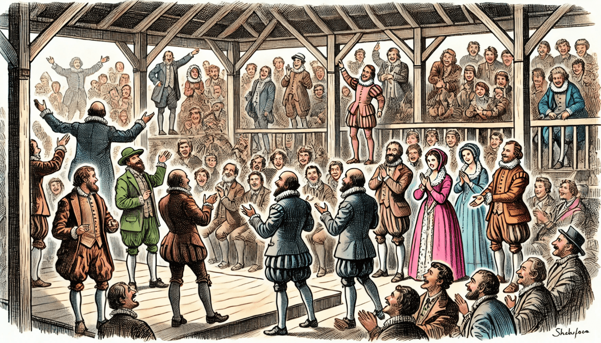 Shakespearean audience (groundlings) interacting with actors on stage, depicting the immersive experience of early theatre performances.