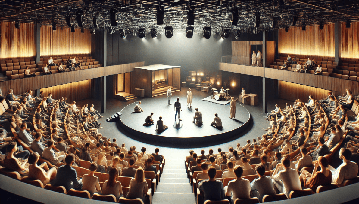 Modern theatre inspired by Shakespearean stage design with a thrust stage and minimalist set, fostering audience engagement and intimacy.