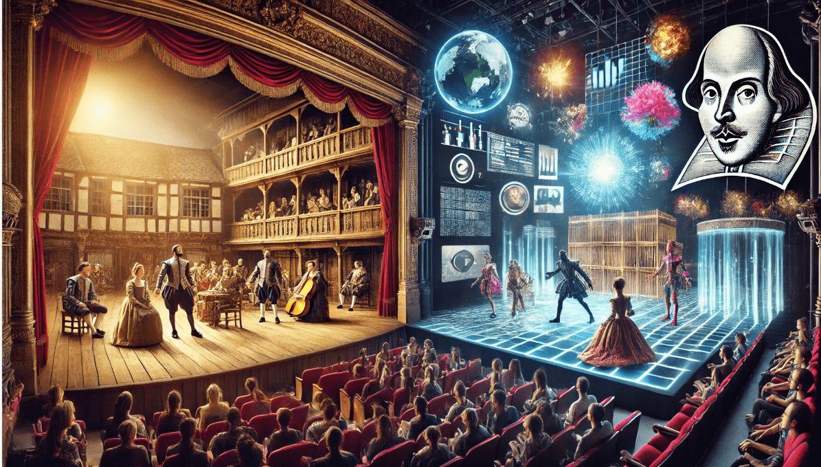Modern vs. traditional Shakespearean theater: immersive, technology-driven performance contrasts with classic period costumes and settings