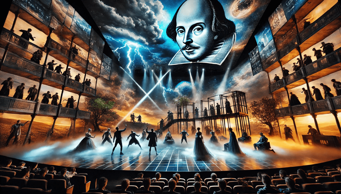 Shakespearean performance enhanced by digital projections and lighting effects, blending modern technology with classic themes