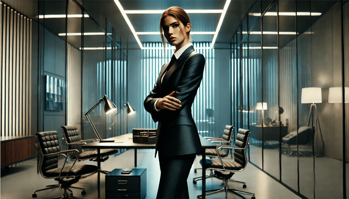 Modern reinterpretation of Shakespeare's Hamlet with a female actor in a corporate office setting, highlighting contemporary themes of power and ambition.