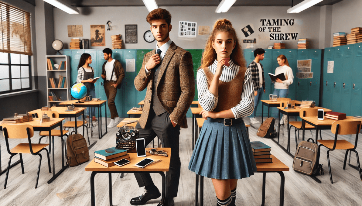 Modern adaptation of Shakespeare's The Taming of the Shrew in a high school setting, with characters dressed in contemporary school attire.