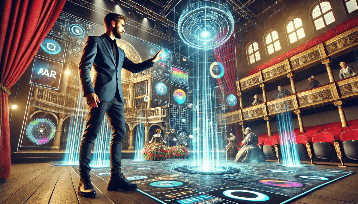 Director using digital projections and AR technology in a Shakespearean performance, blending traditional theater with modern innovation.