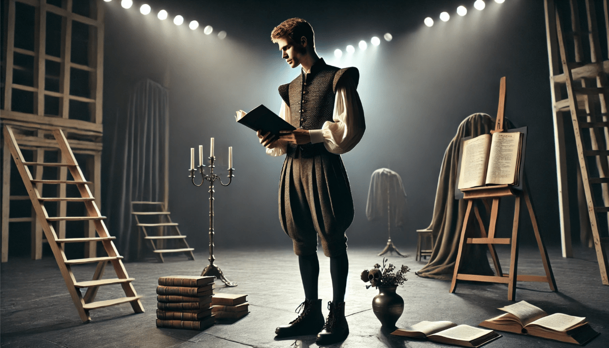 An actor standing on stage holding a script and a Shakespearean playbook, dressed in a traditional Shakespearean costume with a modern twist
