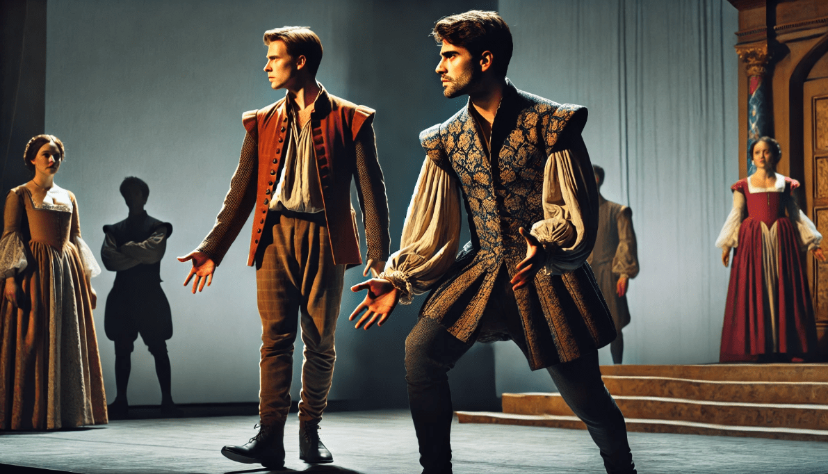 A dynamic stage scene with two actors. One performs in iambic pentameter, embodying a noble posture and serious expression, while the other delivers a comedic prose line with a casual, relaxed demeanor
