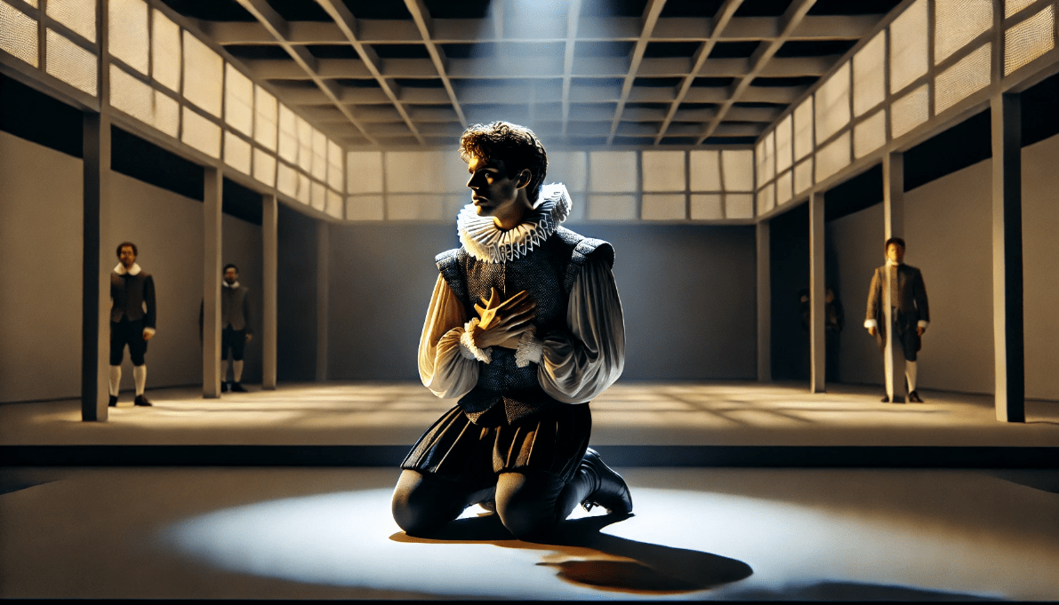 A modern Shakespearean production featuring an actor performing a soliloquy on a minimalist stage