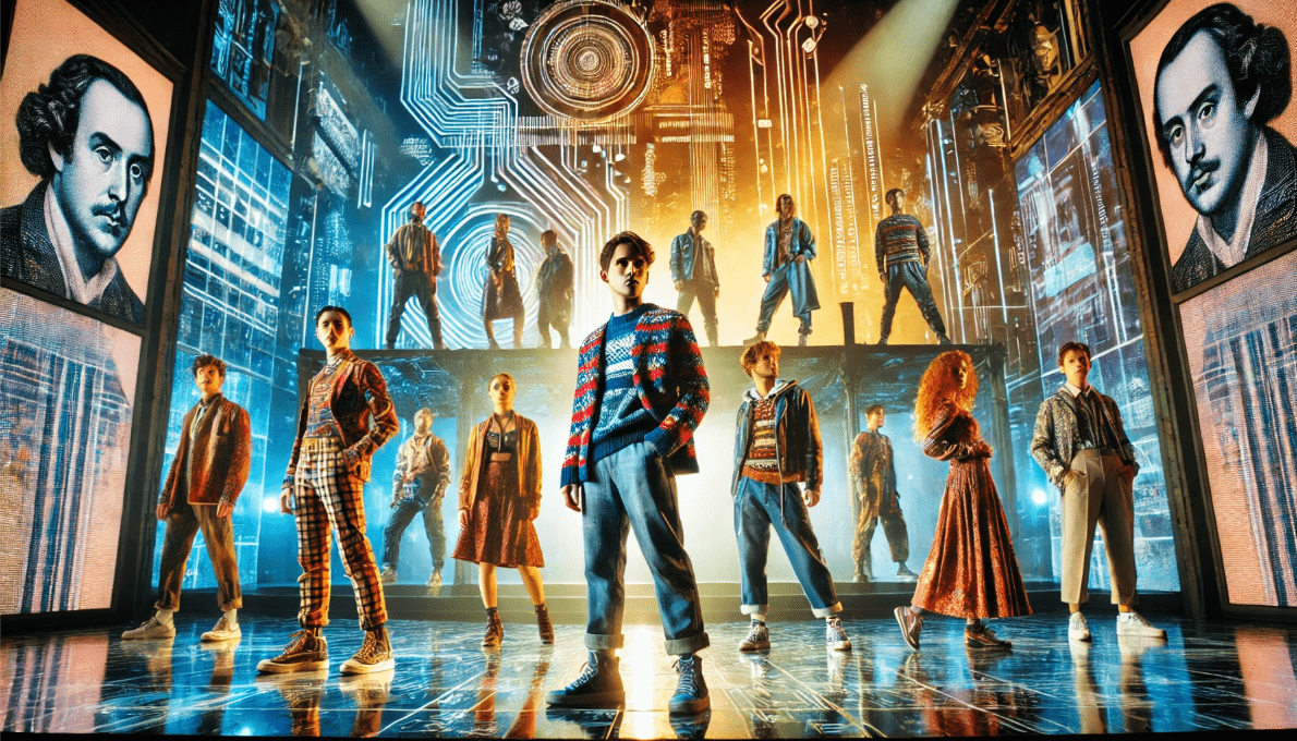 Contemporary adaptation of a Shakespearean play with modern costumes, futuristic set, and digital effects