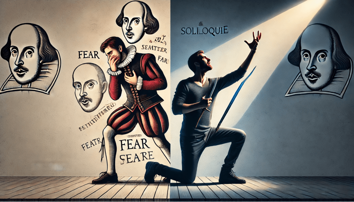 Actor overcoming challenges of performing a Shakespearean soliloquy, contrasting fear and confidence