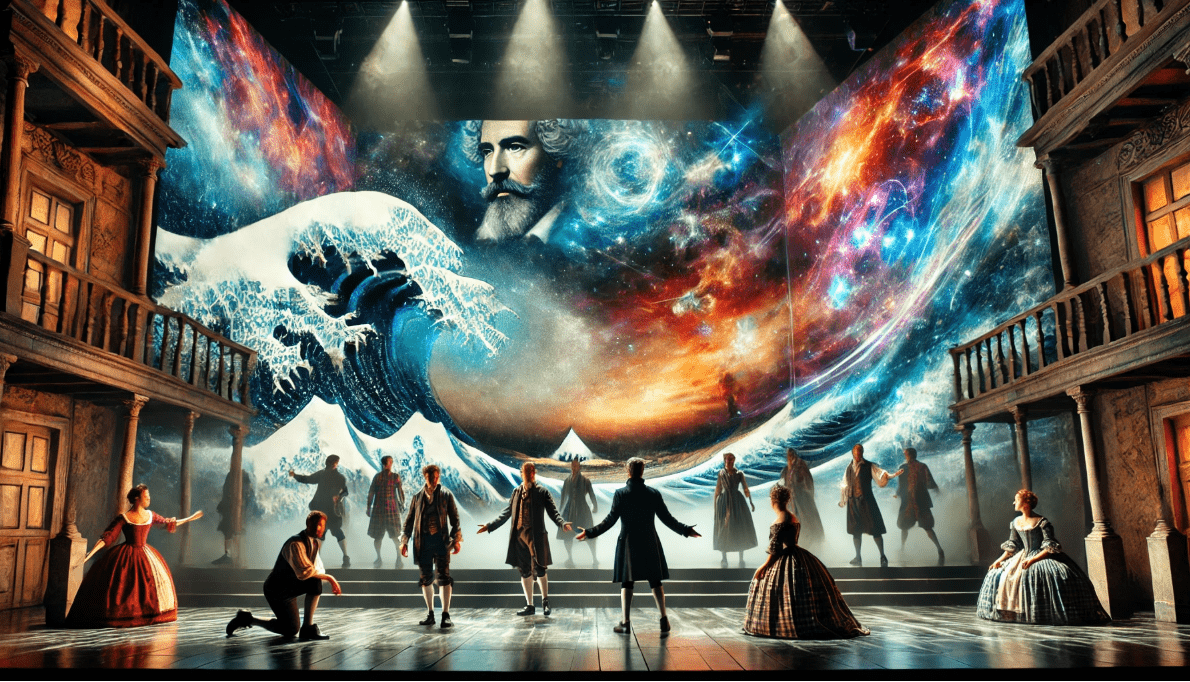 Shakespearean actors performing with digital projections and modern effects in a modern-day production of The Tempest.