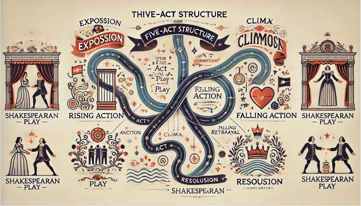 Five-act structure of Shakespearean plays, showcasing plot progression and key themes.