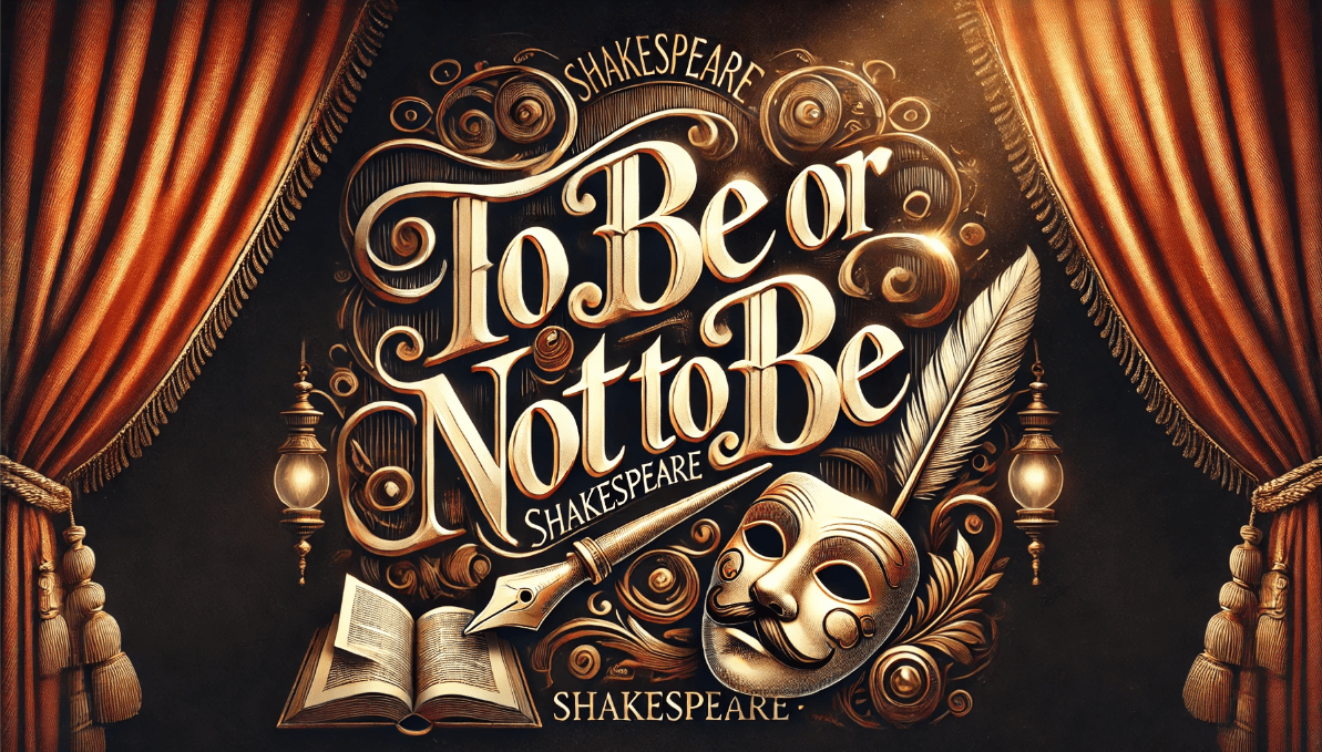 Shakespeare’s famous quote 'To be or not to be' in calligraphy with theatre elements.