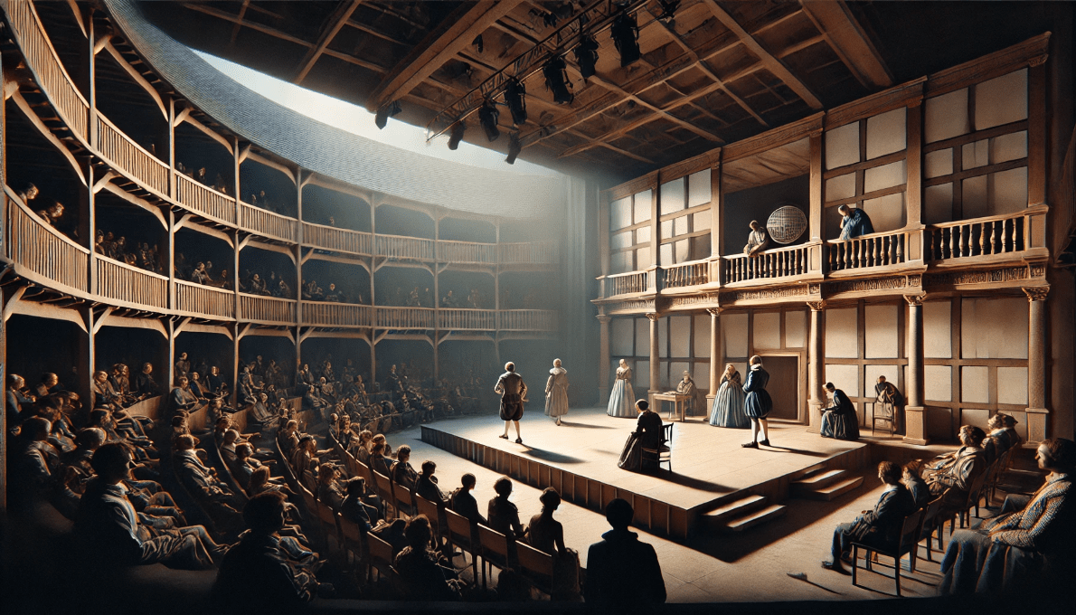 Minimalist stage design inspired by Shakespeare’s Globe Theatre with audience interaction